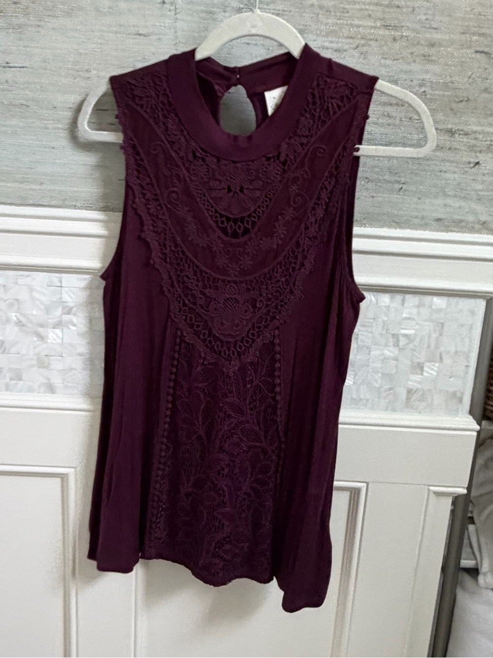 Large Self Esteem Sleeveless Lace-Detail Top Plum burgundy boho swingy flowy